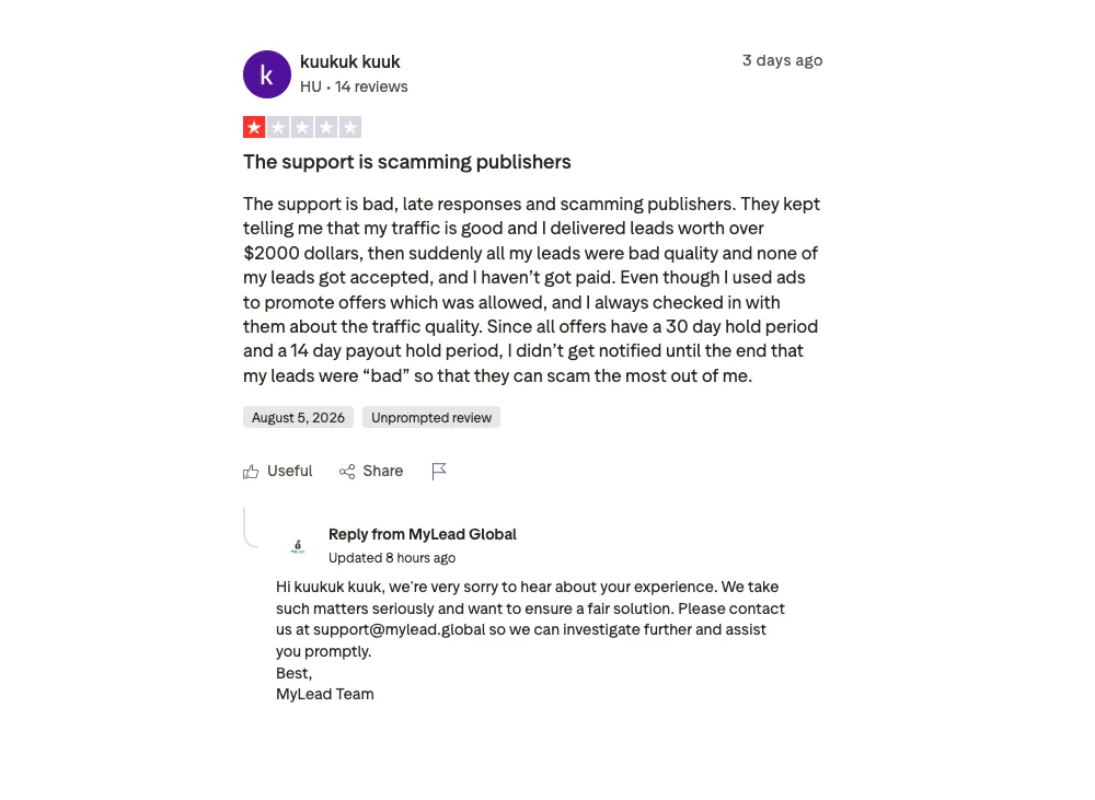 Trustpilot review of MyLead, 1 star, The support is scamming publishers: they kept telling me my traffic was good and I delivered leads worth over $2,000, then all leads were rejected as bad quality and I wasn't paid; with a 30-day hold on offers and a 14-day payout hold, I was told only at the end. Reply from MyLead Global asking to contact support@mylead.global.