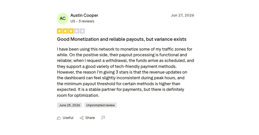 Trustpilot review of Partners.House by Austin Cooper, June 27, 2026, 3 stars, Good monetization and reliable payouts, but variance exists: payout processing is functional and reliable and funds arrive as scheduled, but revenue updates on the dashboard feel inconsistent during peak hours and the minimum payout threshold for certain methods is higher than expected.