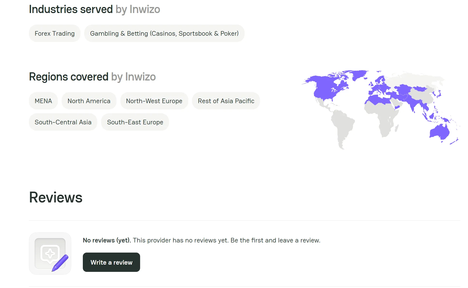 PayAtlas profile of Inwizo: Industries served by Inwizo lists Forex Trading and Gambling and Betting (Casinos, Sportsbook and Poker); Regions covered lists MENA, North America, North-West Europe, Rest of Asia Pacific, South-Central Asia and South-East Europe; under Reviews it reads No reviews (yet), this provider has no reviews yet.