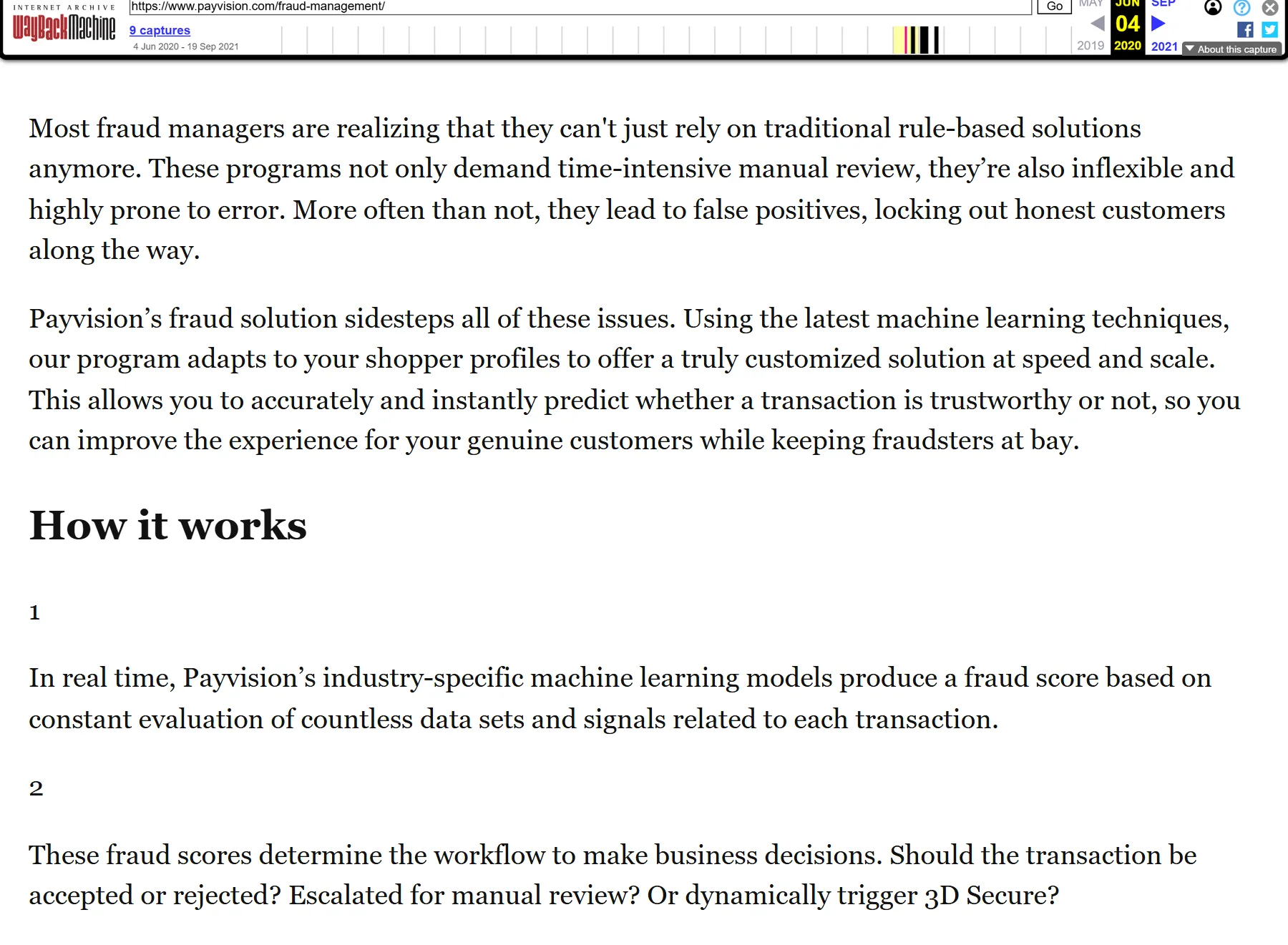 Wayback Machine capture of payvision.com/fraud-management dated June 4, 2020: the same paragraphs about fraud managers moving beyond rule-based solutions, Payvision's fraud solution sidestepping these issues with machine learning, and under How it works, step 1 about Payvision's industry-specific machine learning models producing a fraud score in real time, and step 2 about fraud scores determining the workflow.