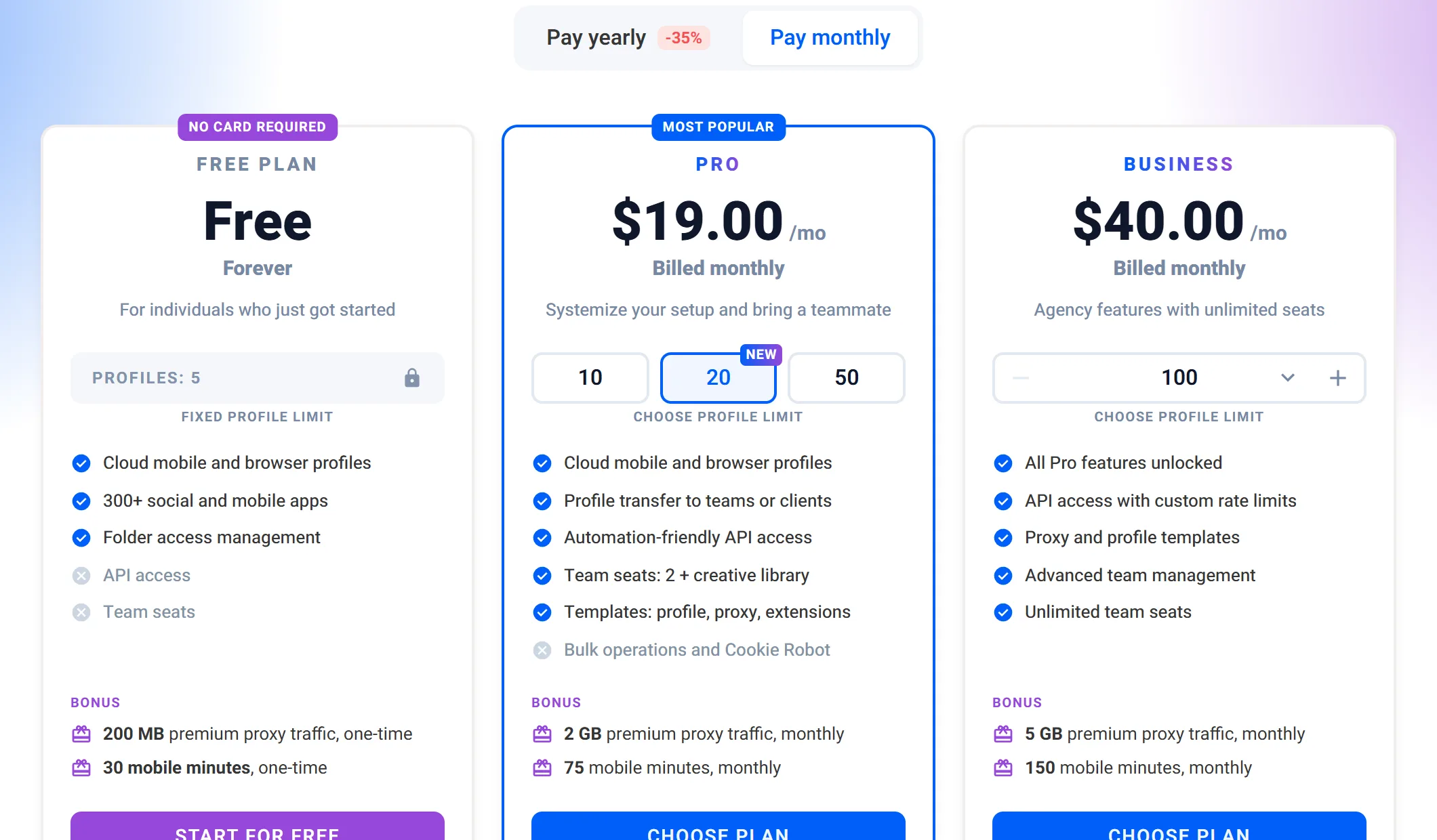 Multilogin pricing page on October 22, 2026, monthly billing: Free plan with 5 fixed profiles, cloud mobile and browser profiles, no API access and no team seats; Pro with 20 profiles at $19.00 a month, 2 team seats, API access, and bulk operations and Cookie Robot not included; Business with 100 profiles at $40.00 a month, API with custom rate limits and unlimited team seats.