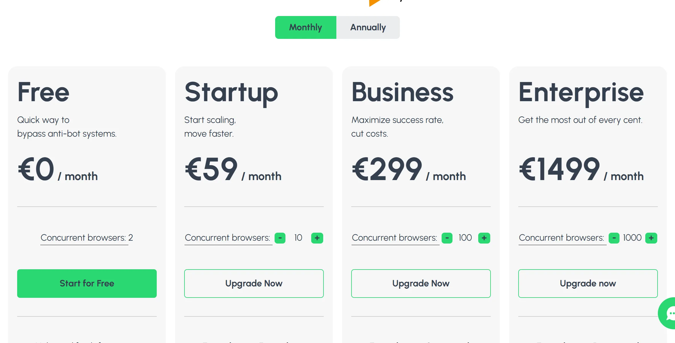 Kameleo pricing page on October 22, 2026, monthly billing: Free 0 EUR a month with 2 concurrent browsers; Startup 59 EUR with 10 concurrent browsers; Business 299 EUR with 100; Enterprise 1,499 EUR with 1,000; "Pay 25% less" with annual billing.