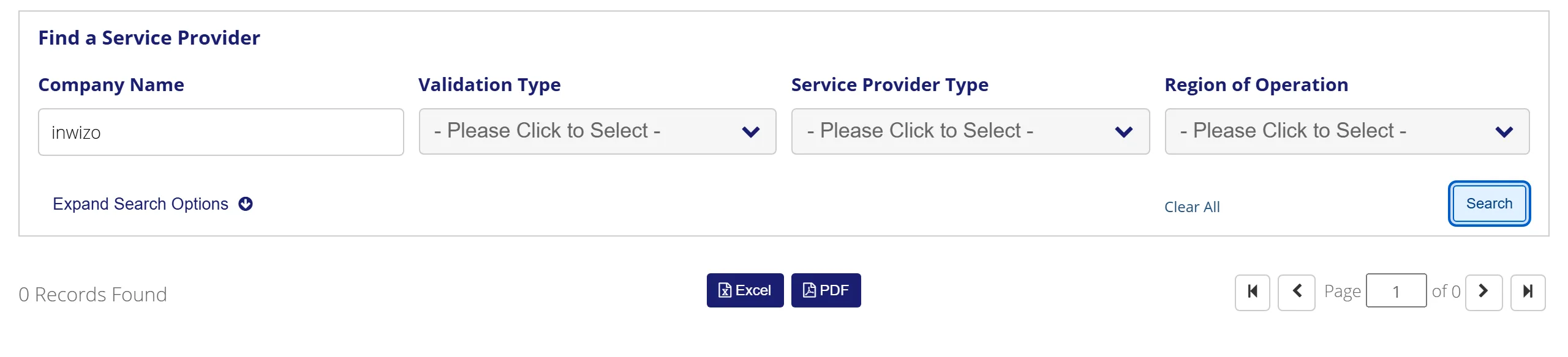 Visa Global Registry of Service Providers, Find a Service Provider form with inwizo in the Company Name field and no other filters: the result line reads 0 Records Found.