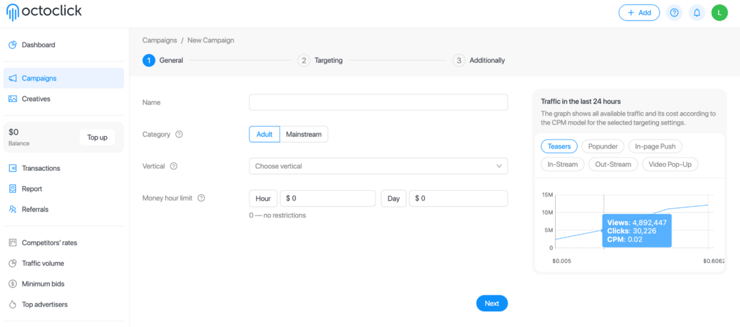 OctoClick Review: In-Page Push, Native and Popunder Traffic for Advertisers