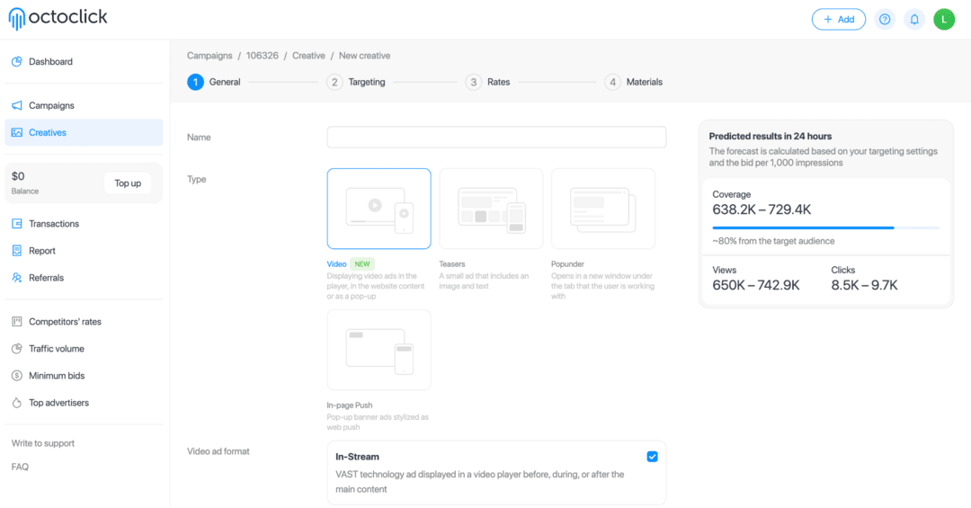 OctoClick Review: In-Page Push, Native and Popunder Traffic for Advertisers