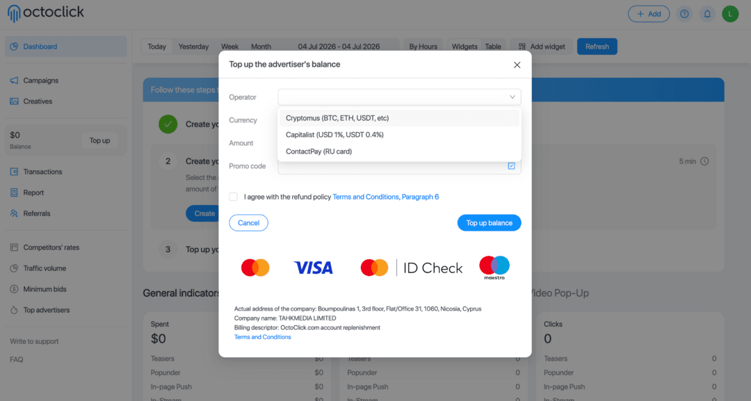 OctoClick Review: In-Page Push, Native and Popunder Traffic for Advertisers