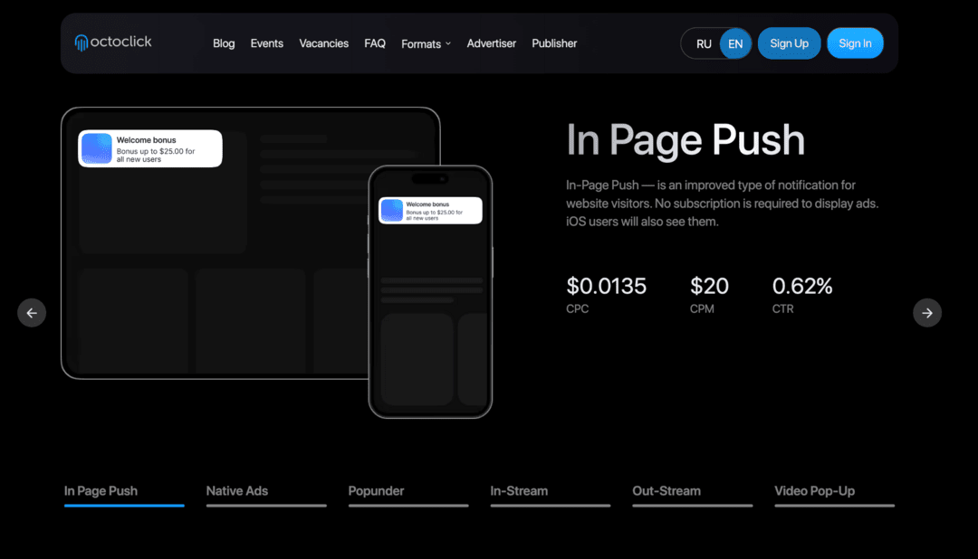 OctoClick Review: In-Page Push, Native and Popunder Traffic for Advertisers